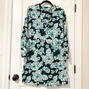 LANDS' END Tunic Dress Split V Neck Long Sleeve Blue Green Floral Size Medium
